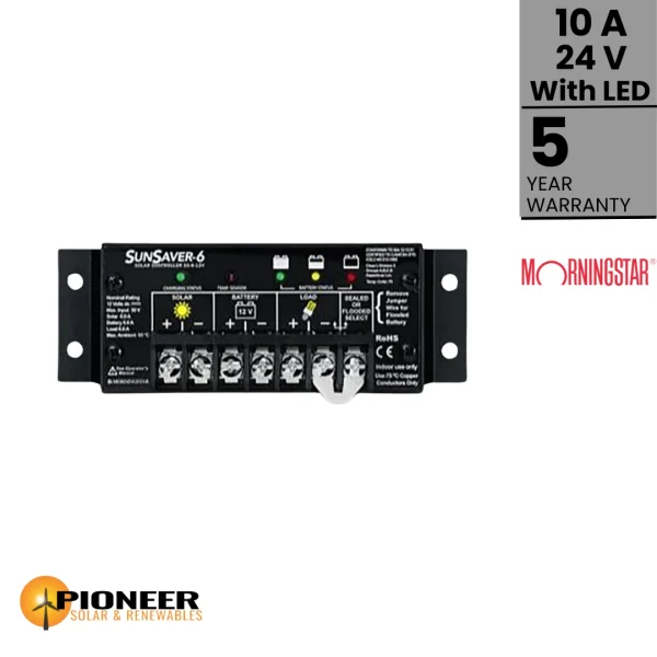 Morningstar 10A 24V SunSaver PWM Charge Controller with LED Indicator | Pioneer Solar and Renewables Inc. Morningstar 10A 24V SunSaver PWM Charge Controller with LED Indicator