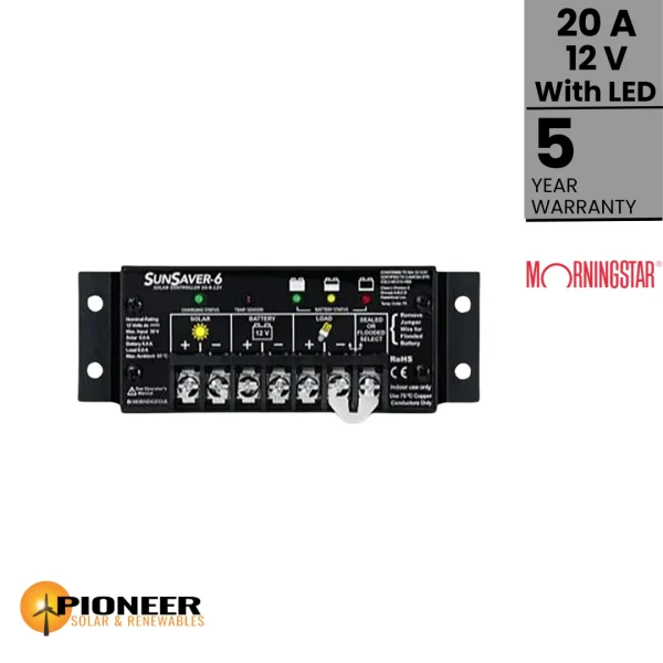 Morningstar 20A 12V SunSaver PWM Charge Controller with LED Indicator | Pioneer Solar and Renewables Inc. Morningstar 20A 12V SunSaver PWM Charge Controller with LED Indicator