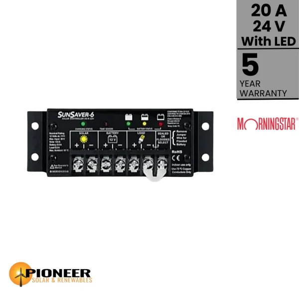 Morningstar 20A 24V SunSaver PWM Charge Controller with LED Indicator | Pioneer Solar and Renewables Inc. Morningstar 20A 24V SunSaver PWM Charge Controller with LED Indicator